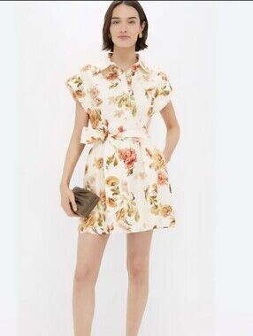 Tuckernuck Cream Floral Tie-Waist Warm Toned Botanical Mini Dress NWT Large